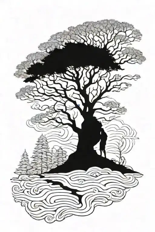 A Landscape Of A Huge Tree And At The Base A Silhouette Off A Man Sitting Petting A Dog