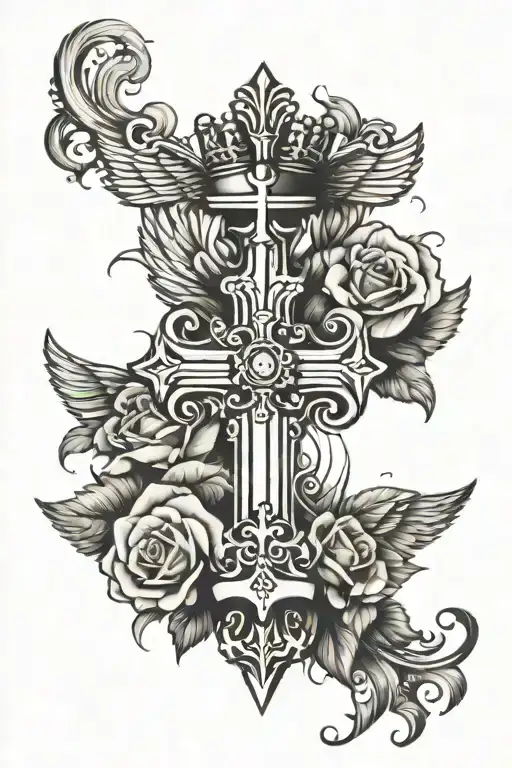 Cross With Wings And Crown With Roses Going Through