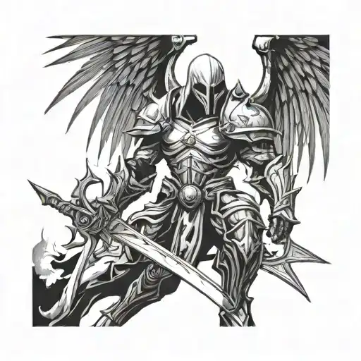 Tyrael From The Video Game Diablo Full Body With His Sword In Front Of His Body