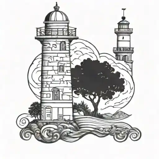 Lighthouse And A Tree Of Life In Black