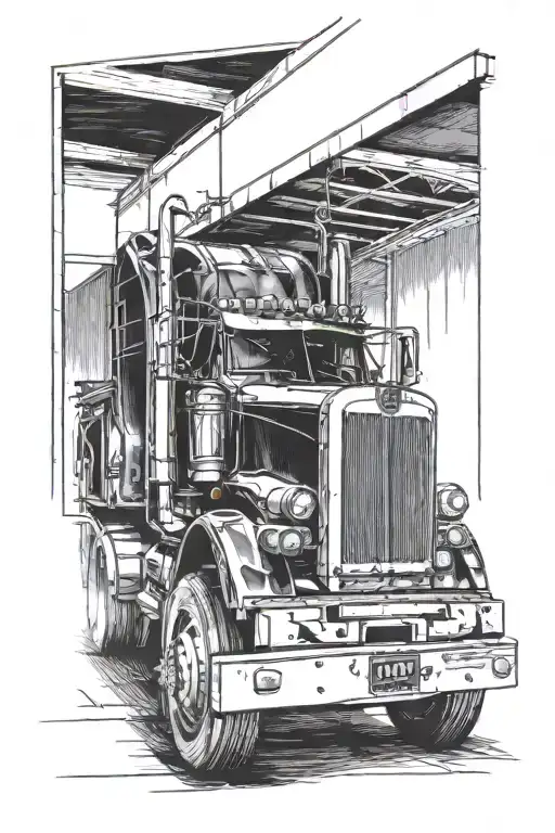 Peterbilt Truck Driving Through A Garage Door Closes Open