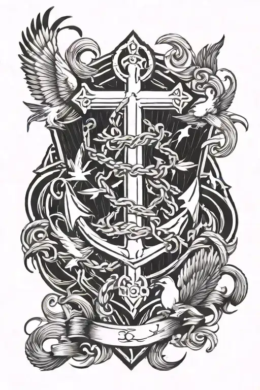 Anchor Cross With Crown Of Thorns Waves Crashing Doves Flying