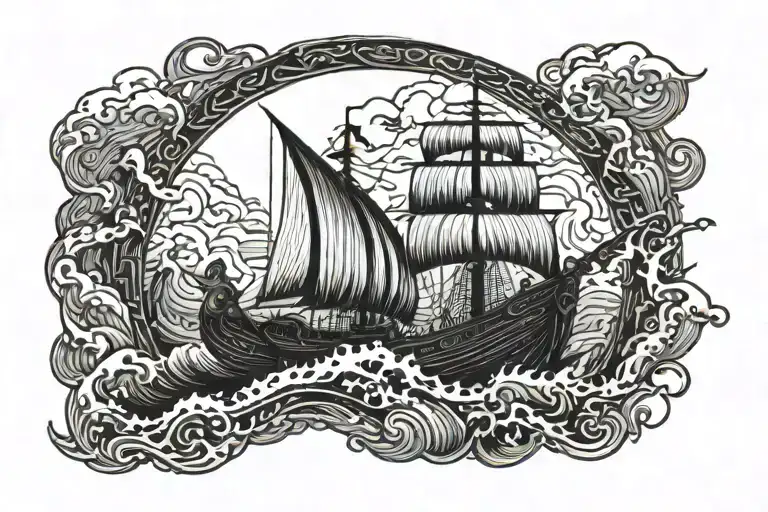 Viking Dragonship Sailing Through Stormy Seas