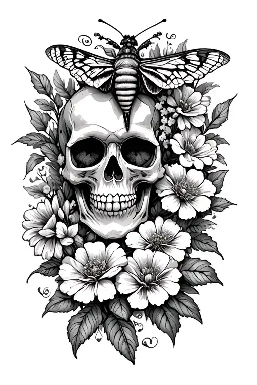 Moth And Flowers With A Skull