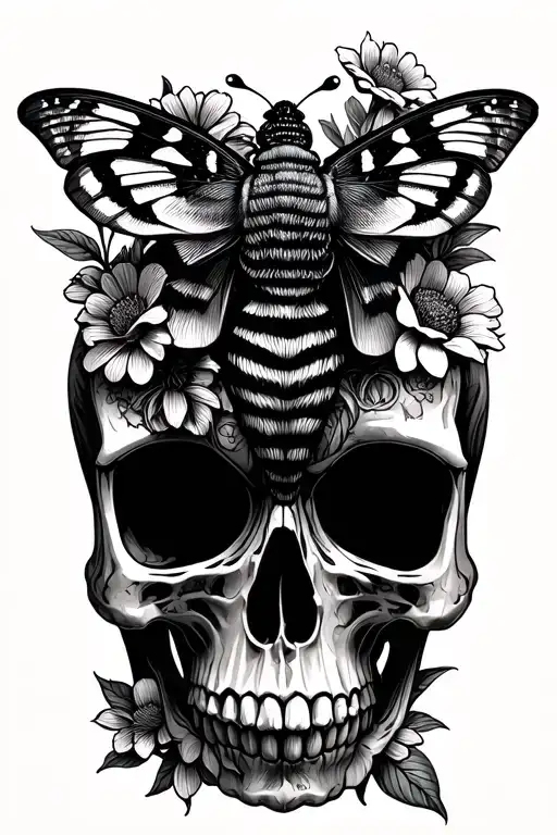 Moth And Flowers With A Skull