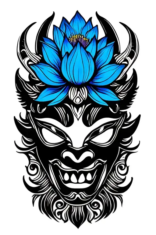 Sri Lankan Devil Mask With Blue Lotus Flowers Intertwined