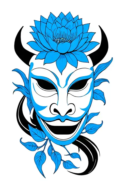 Sri Lankan Devil Mask With Blue Lotus Flowers Intertwined