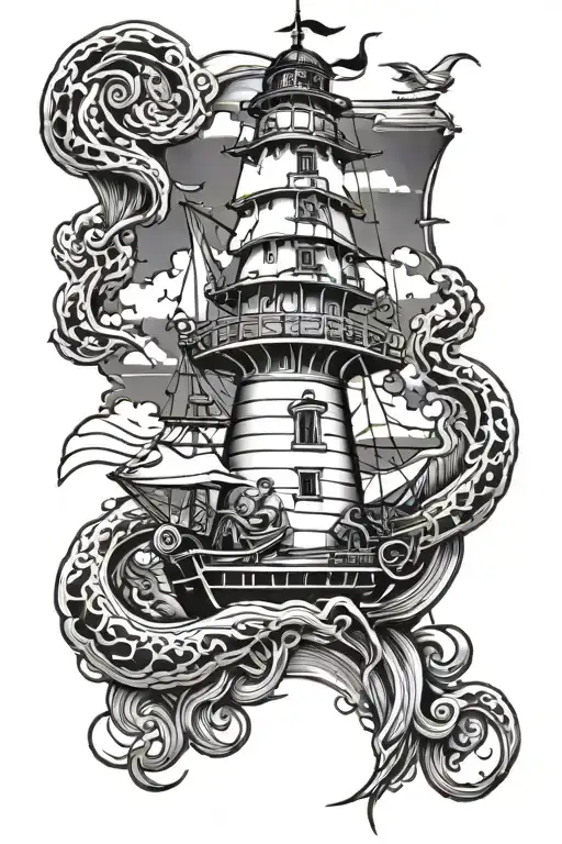 Lighthouse With Kraken Wrapped Around It And Pirate Ship