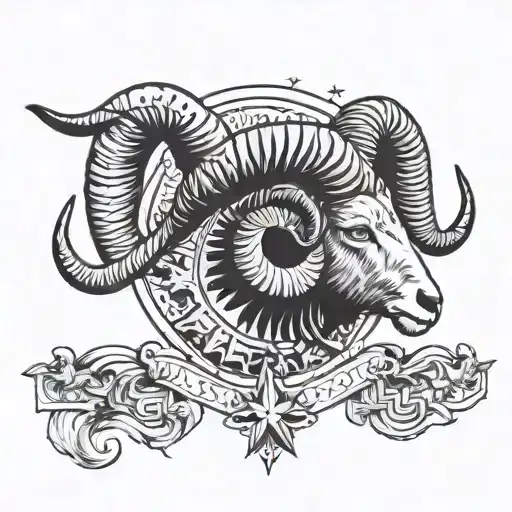 Upper Back Tattoo Ram Horns And Head With North Star
