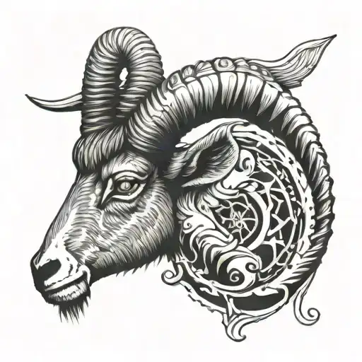 Upper Back Tattoo Sideprofile Ram Horns And Head Each Side With North Star In The Middle