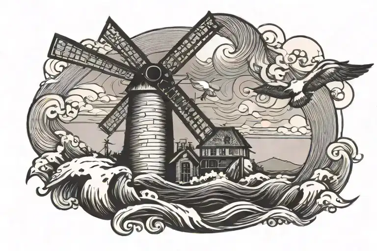 Old Windmill With Waves And Seagull Flying