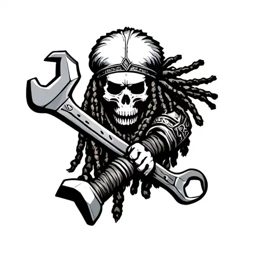 Skull Dreadlock Native Warrior Holding Wrench With Shield