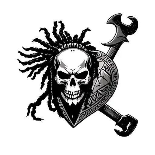 Skull Dreadlock Native Warrior Holding Wrench With Shield