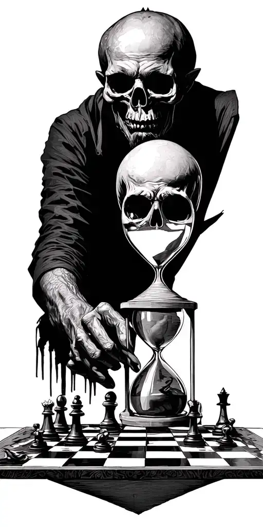 Death Playing Chess With A Man And A Large Chessboard And A Hourglass
