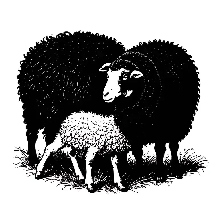 Black Sheep And Sacrificial Lamb Medieval Woodcut Style