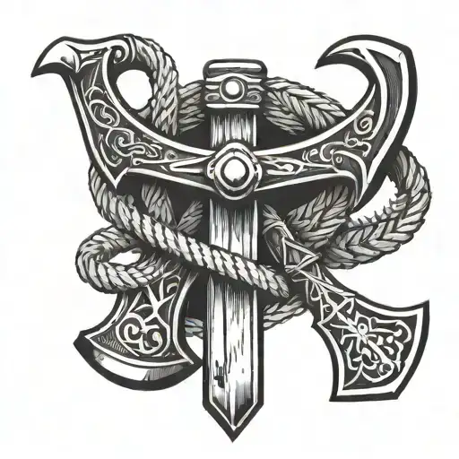 Two Viking Axes Crossed And Bound By Rope Hanging