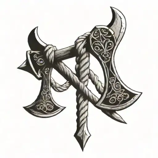 Two Viking Axes Crossed And Tied By Rope Hanging