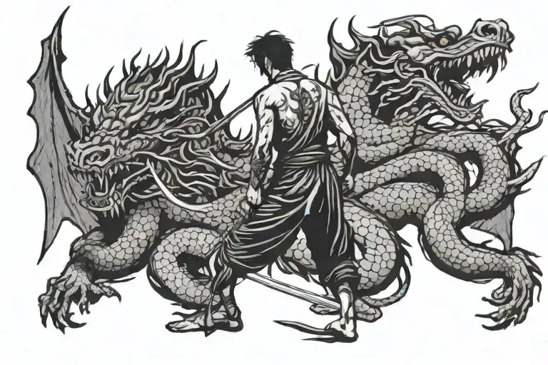Man With Sword Back Turned Standing In Front Of Chinese Dragon In A Cave