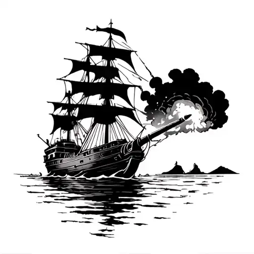 Ancient Warship With Cannons Firing At Sunset Over A Mysterious Island