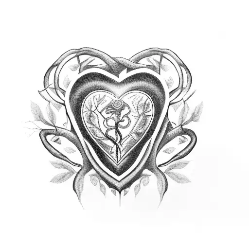A Detailed Black And Grey Tattoo Featuring A Sacred Heart Intertwined With Vines And Medicinal Herbs