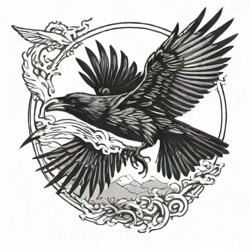 Flying Raven Hunting Its Prey