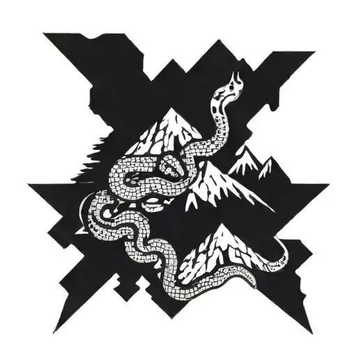 A Tattoo Design Combining Mountains And Snakes In A Blackwork Style