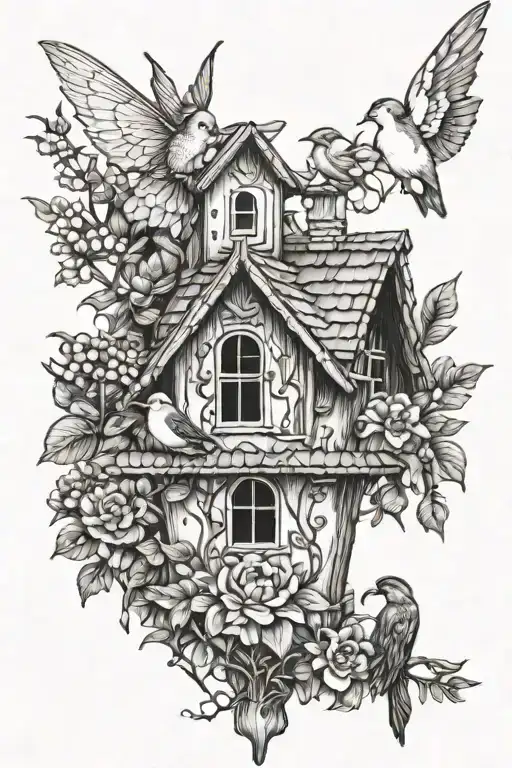 Fairies And Birds By Birdhouse