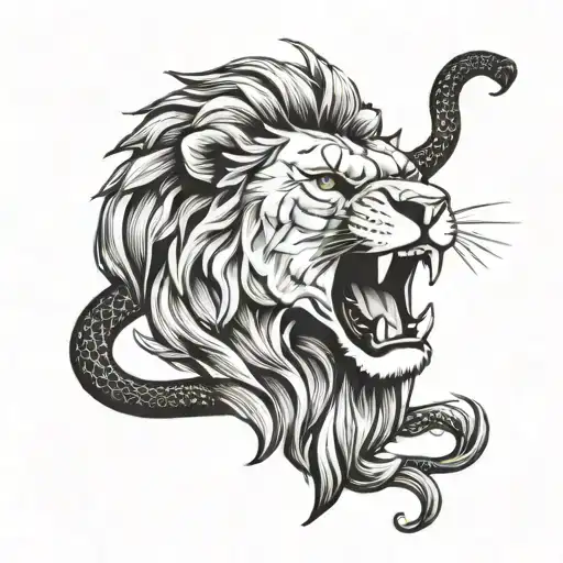 Lions Mouth Wide Open Roar Connected To Snake