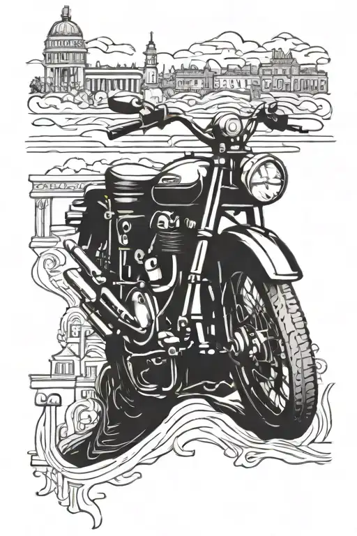 A Vintage Motorcycle With A Backdrop Of Famous Landmarks