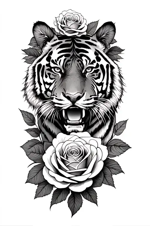 Multiple Roses Surrounding A Tiger Emerging