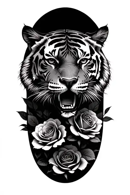 Jungle Of Roses With A Tiger Emerging