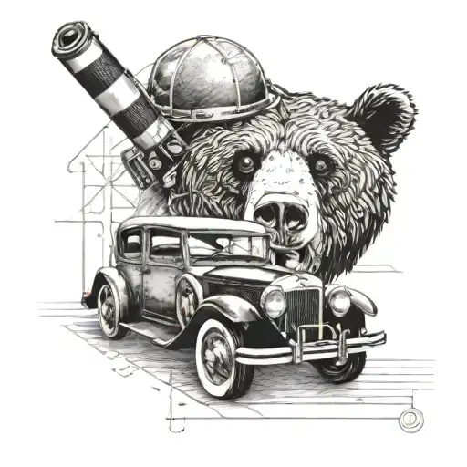Engineer's Blueprint Design Of A Classic Car With A Grizzly Bear Peeking Out From Behind It