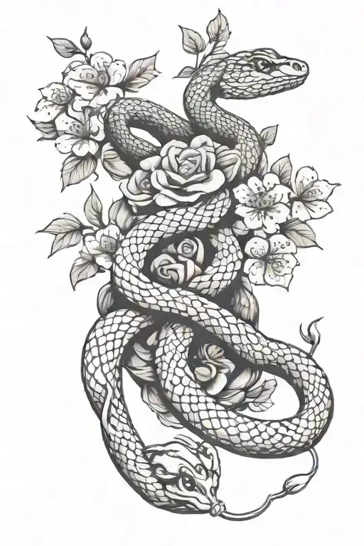 Snake With Cherry Blossoms And Roses