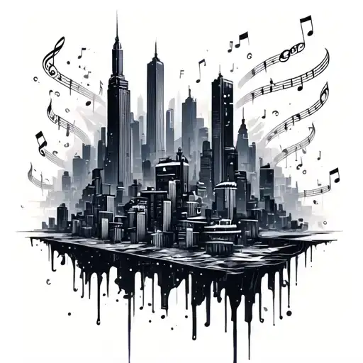A Futuristic Cityscape With Musical Notes Floating In The Sky