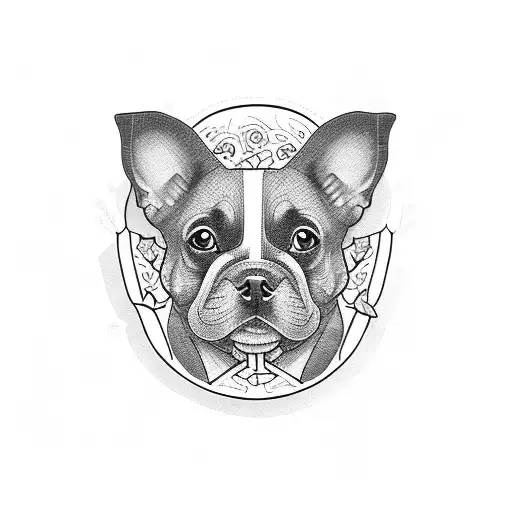 A Blackwork Tattoo Of A Dog Surrounded By A Lush Garden