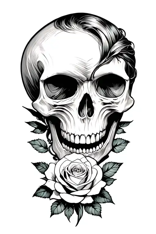 Male Skull And Feminine Skull Facing One Each Other With 3 Roses For Bottom Border