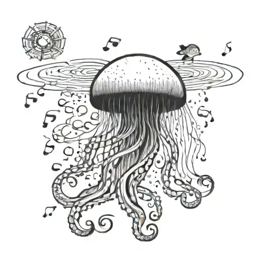 Illustrate A Jellyfish Made Of Musical Notes Floating Among A Coral Reef With Exotic Sea Creatures