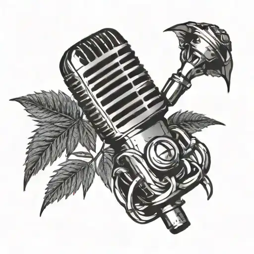 A Detailed Blackwork Tattoo Of A Microphone Intertwined With Marijuana Leaves