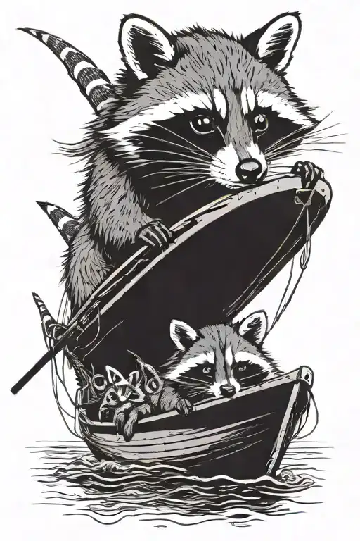 2 Racoons Fishing From Opposite Ends Of A Boat Viewed From The Side