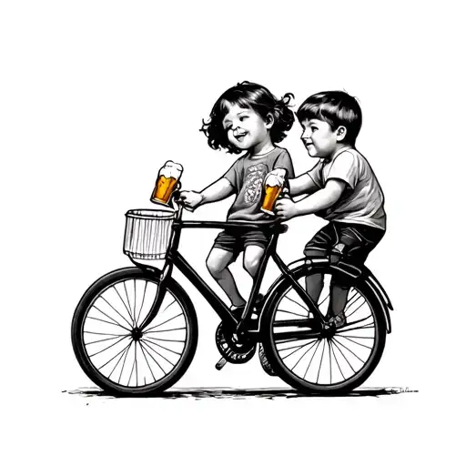 Children Drinking Beer With A Bicycle Leaning
