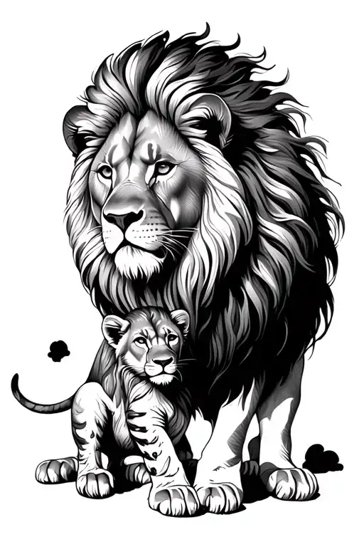Lion Whole Body And Cub