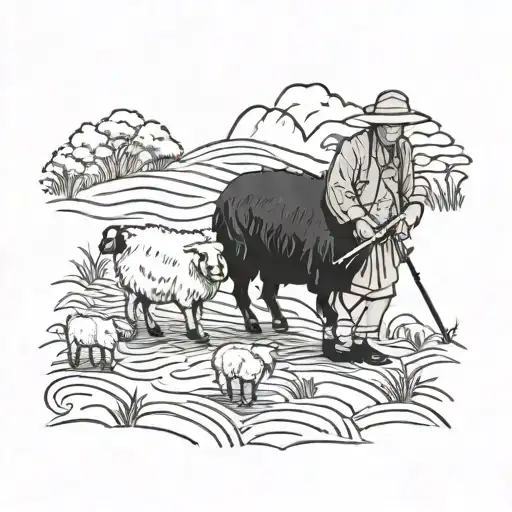 Chinese Farmer With On Black Sheep