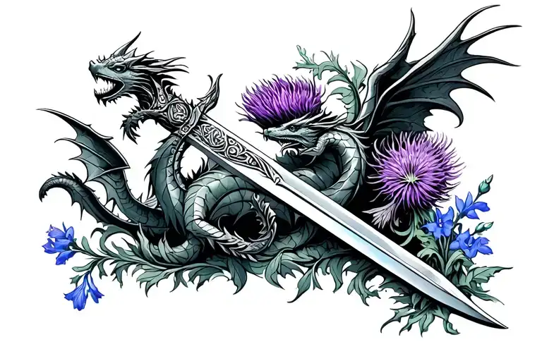 Sword With Small Dragons Flying With Scottish Thistle And Texas Bluebonnet