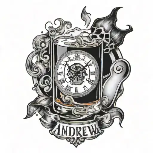 The Name Andrew Written With A Glass Of Whiskey And A Clock With The Time Of Death