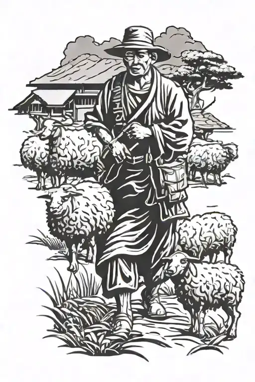 Chinese Farmer With Black Sheep Infront