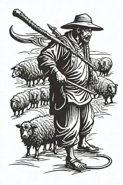 Chinese Farmer With Scythe Black Sheep Infront