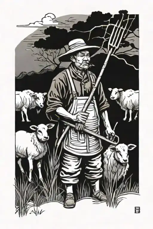 Chinese Farmer With Pitchfork With Lamb Infront
