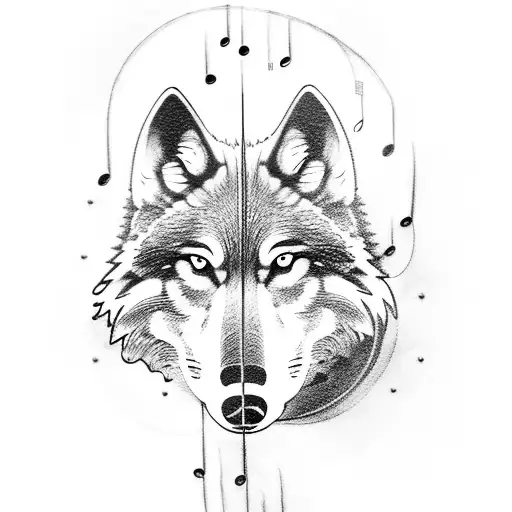 A Wolf Playing A Guitar With Musical Notes Swirling Around It