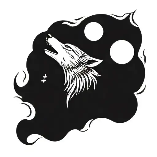 A Stylized Blackwork Tattoo Of A Wolf Howling At A Full Moon With Musical Notes Floating Around It