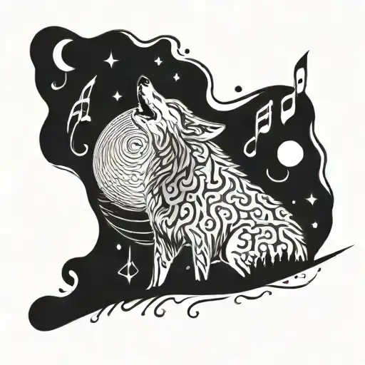 A Stylized Blackwork Tattoo Of A Wolf Howling At A Full Moon With Music Notes Floating Around It